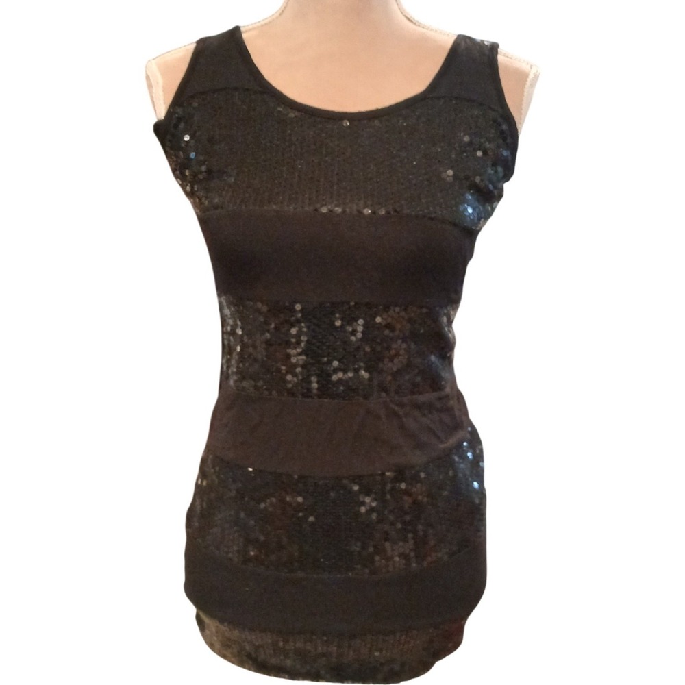 Vtg Body Central Medium Womens Black Sequin Striped Tank Top Scoop Neck  Y2k
